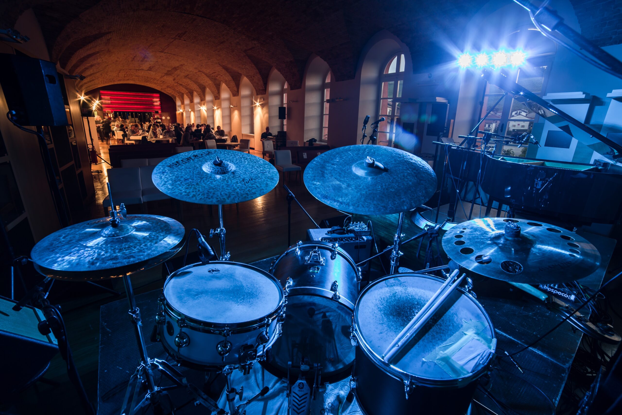 An overhead shot of a drum set instrument